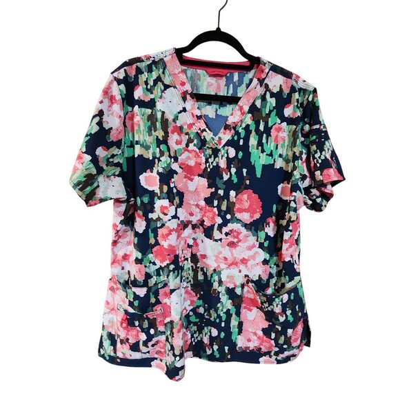 Carhartt Womens Floral Print V-Neck Scrub Top W/ Pockets Navy/Multicolor Size XL - Picture 1 of 4
